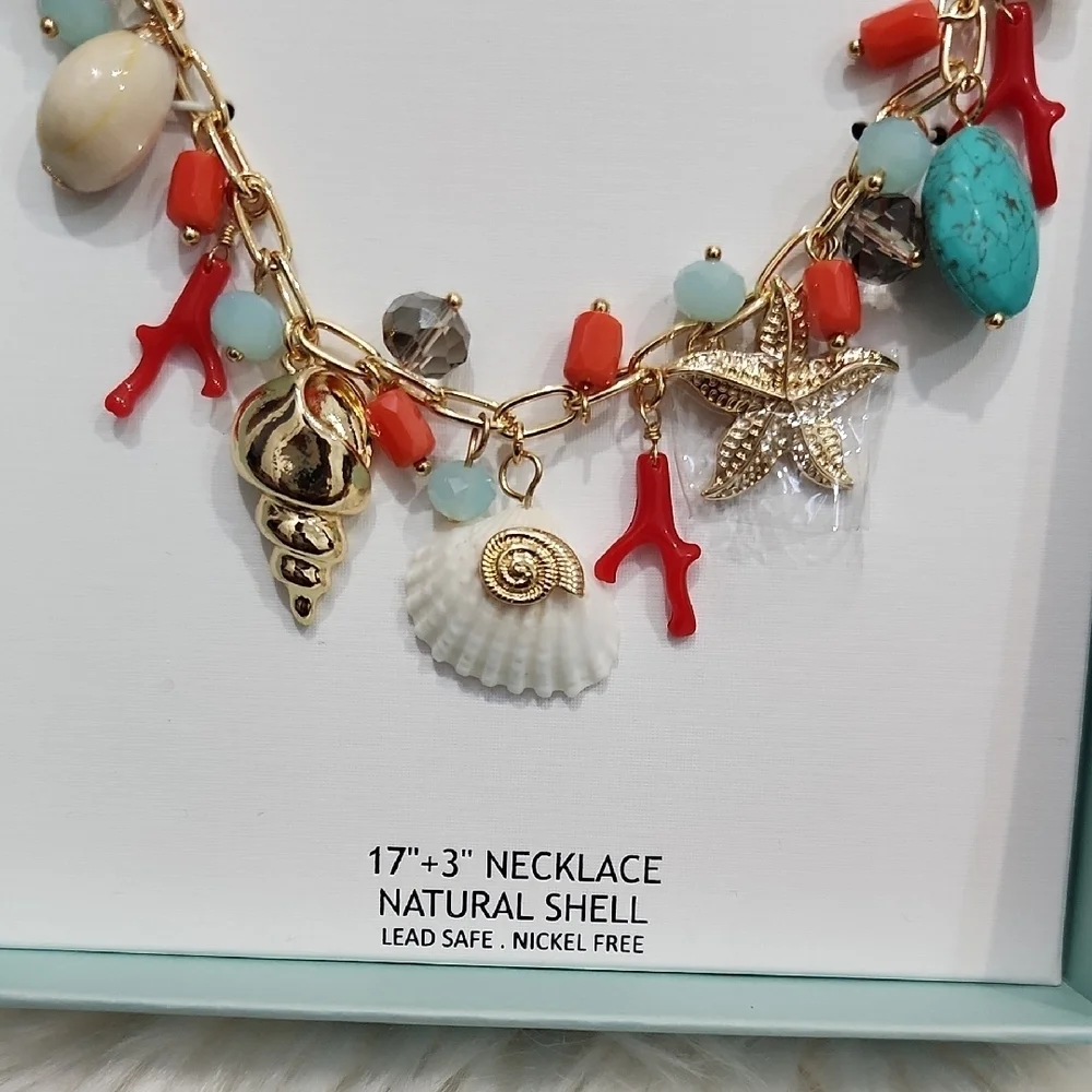 🪸▪️House of Harlow▪️ 1960 Gold and Coral Natural Shell 17in Charm  Necklace